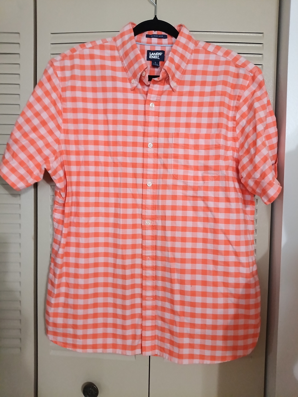 Lands' End Men's Short-Sleeve Orange and White Gingham Button-Down Shirt